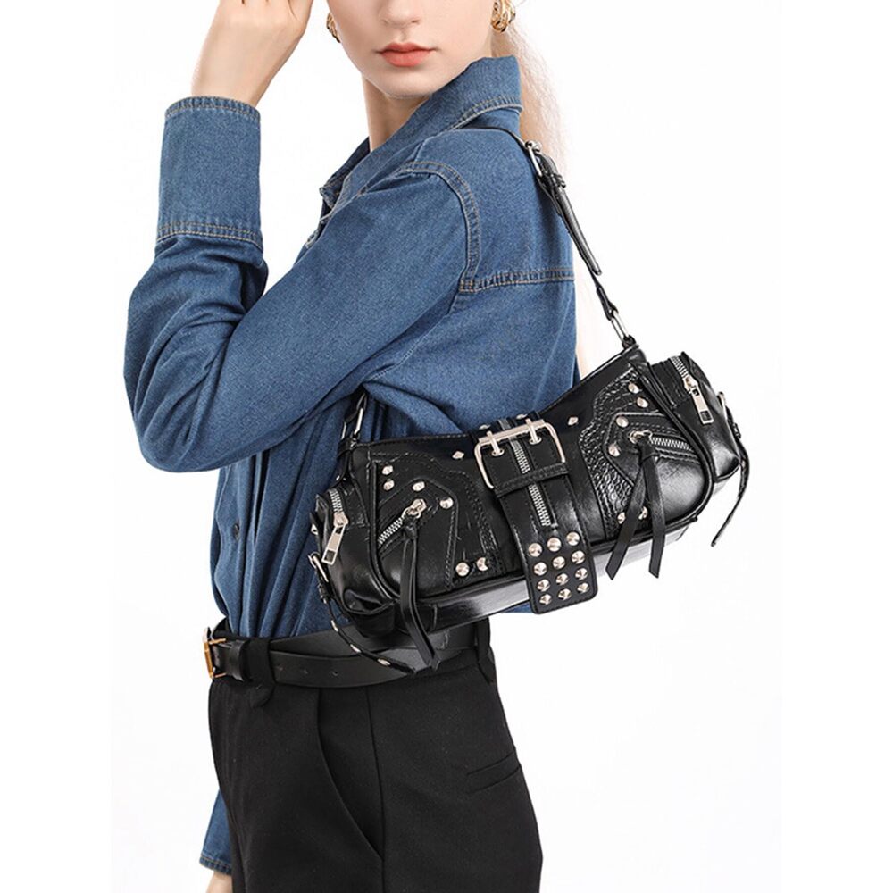2935 Retro PU Leather Underarm Bags Y2k Buckle Shoulder Bag Punk Handbag - Picture 7 of 7